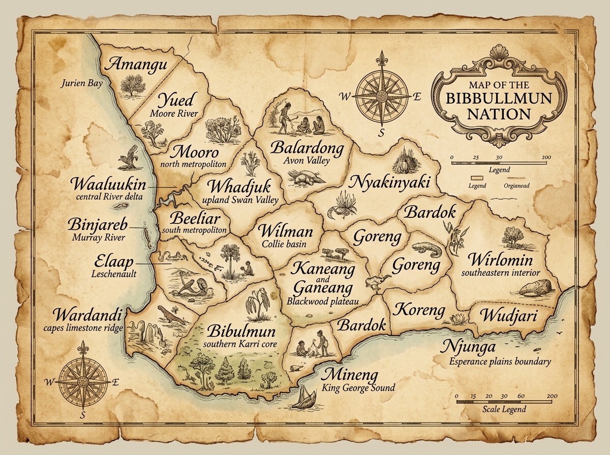 Aboriginal map of South West Western Australia showing the 23 Sovereign States of Bibbullmun